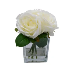 Greenie Shop 28 19cm White Roses Artificial Plant In Clear Square Glass Vase