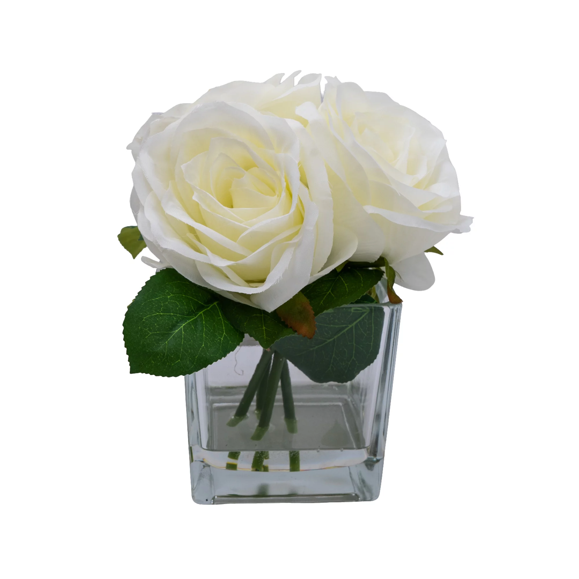 19cm White Roses Artificial Plant In Clear Square Glass Vase 3 19cm White Roses Artificial Plant In Clear Square Glass Vase