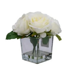 Greenie Shop -Greenie Shop 19cm white roses artificial plant in clear square glass vase5010795682690 02c bq