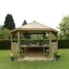 Forest Garden Furnished Timber Roof Hexagonal Gazebo, (W)4900mm (D)4240mm (Green Cushion Included) -Greenie Shop forest garden furnished timber roof hexagonal gazebo w 4900mm d 4240mm green cushion included 5013053172643 01i