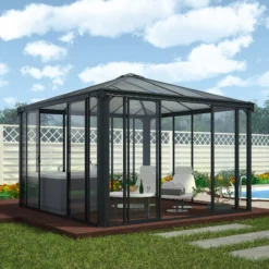 Palram - Canopia Ledro Grey Rectangular Gazebo, (W)3.6m (D)3.6m - Assembly Required -Greenie Shop palram canopia ledro grey rectangular gazebo w 3 6m d 3 6m assembly required7290108136531 01i bq